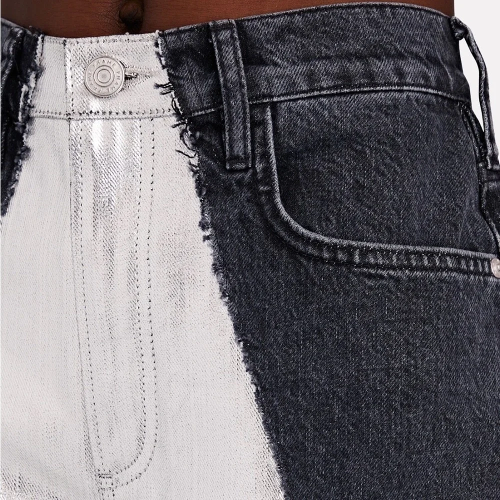 NWT FRAME Pieced Metallic Silver Black Straight Leg Jeans Size 26 Retail $448